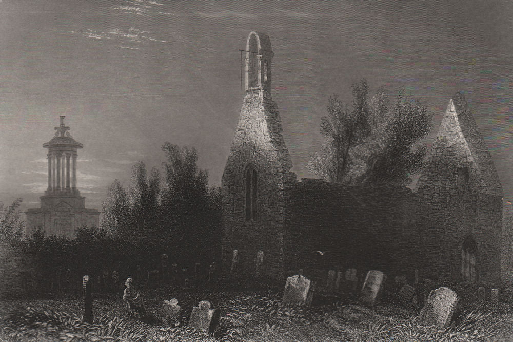 Alloway Auld Kirk with Robert Burns Monument. Scotland. BARTLETT c1840 print